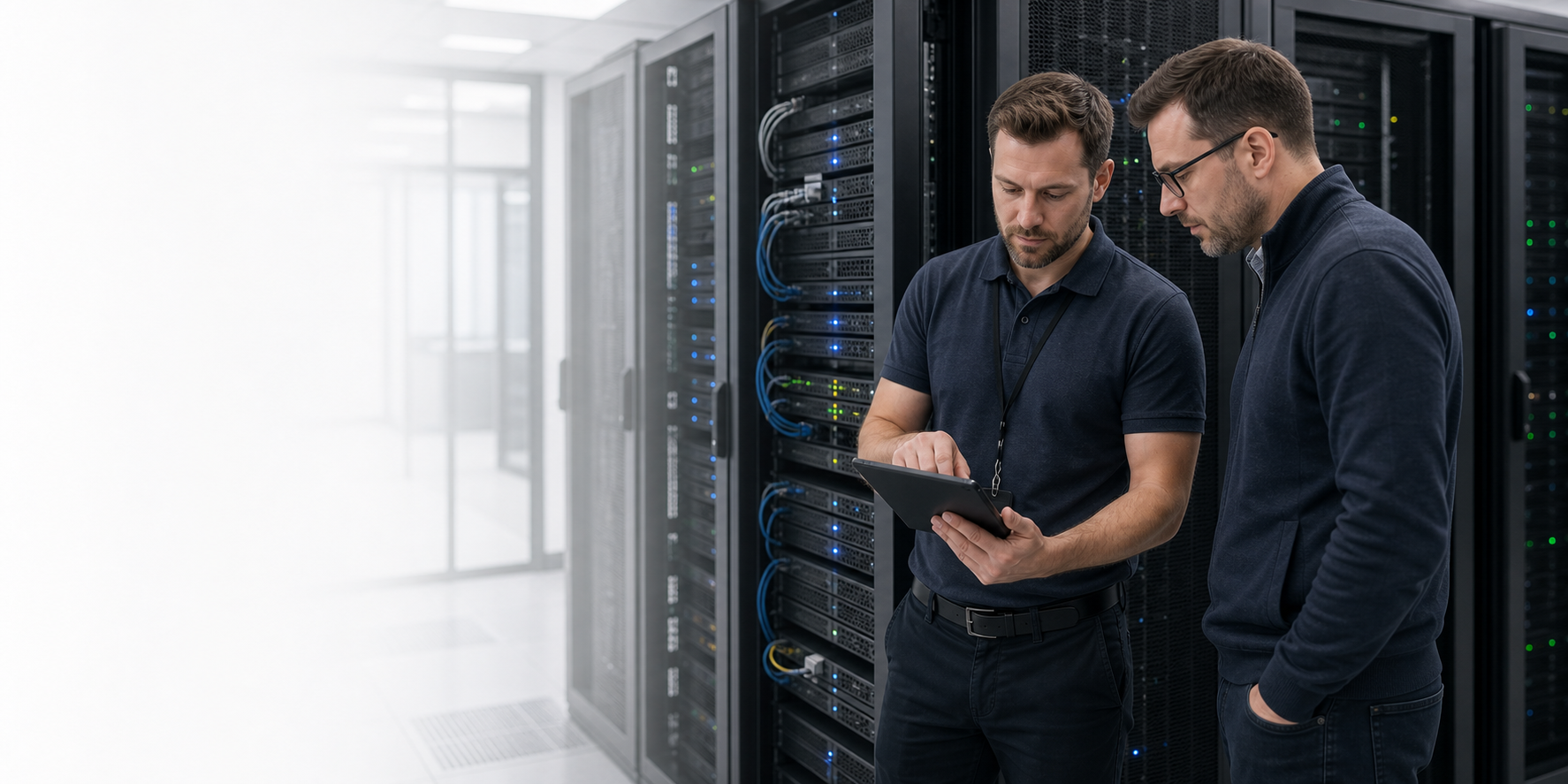 Consultant reviewing servers in a data room.