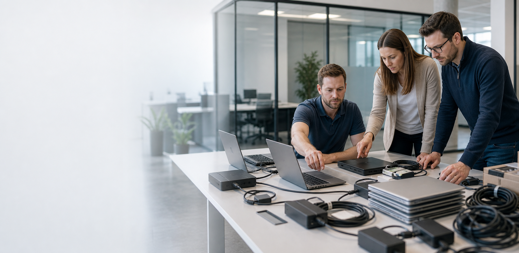 Technician preparing office devices.