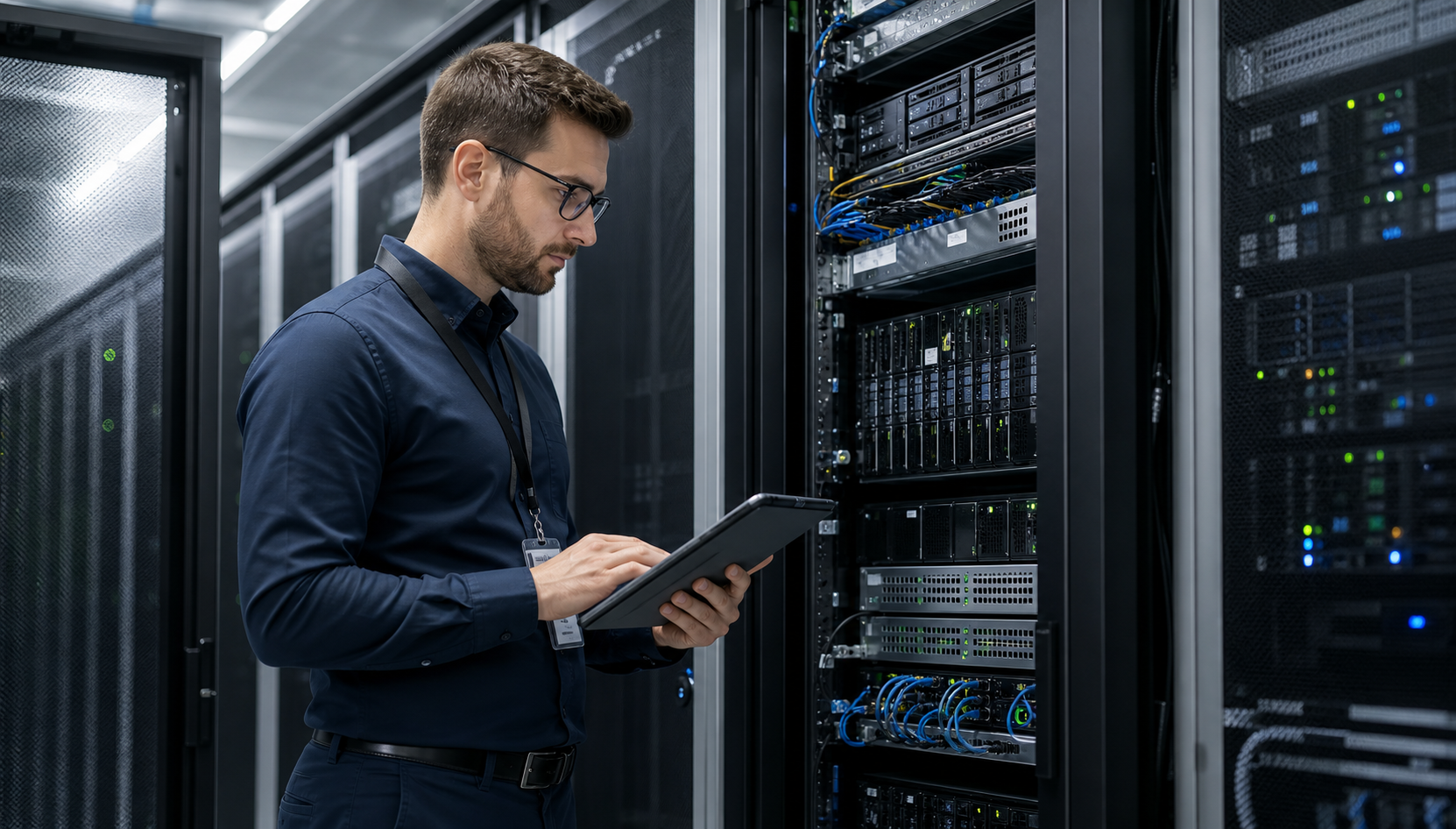 Technical professional reviewing rack equipment in a server room.