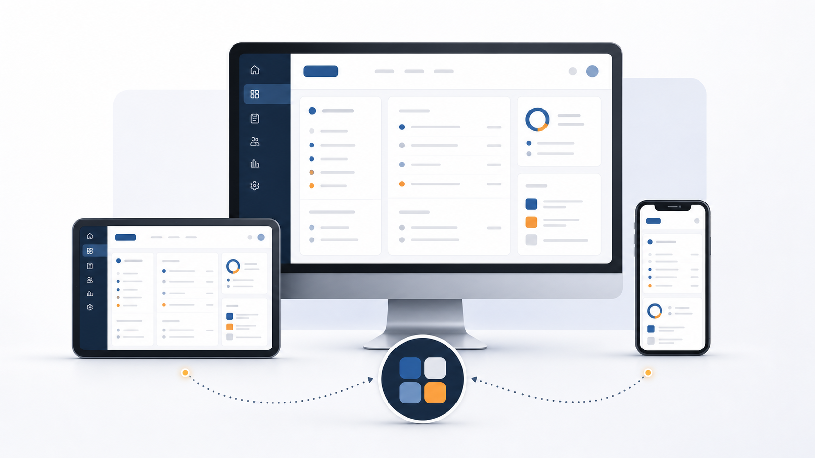 Illustrated custom app running across phone, tablet, and desktop devices.