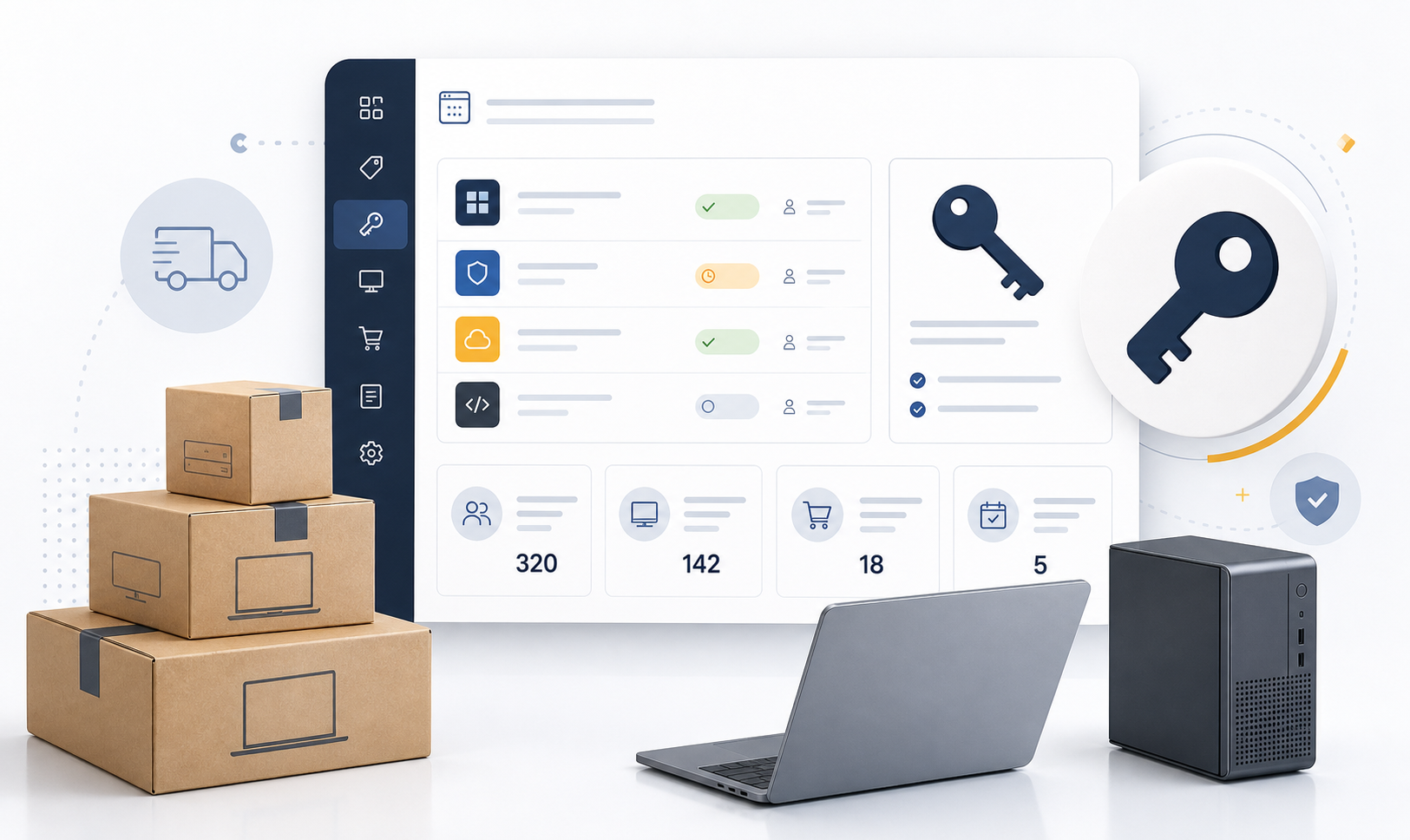 Illustrated software licensing panel with a key symbol, hardware boxes, and device procurement cues.